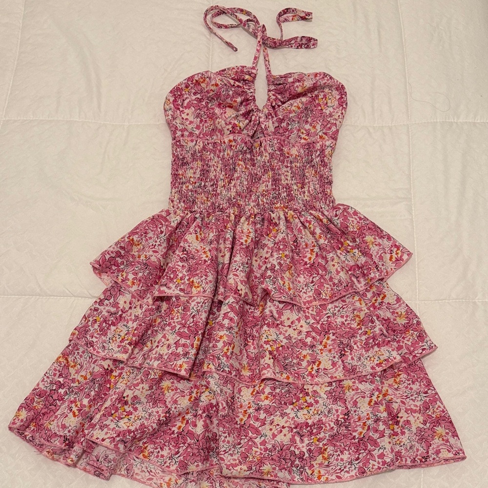 Pink Floral Tiered Halter Sundress